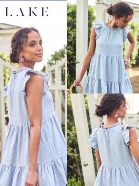 LAKE Helen linen blend ruffle-sleeve tiered mini dress in chambray blue